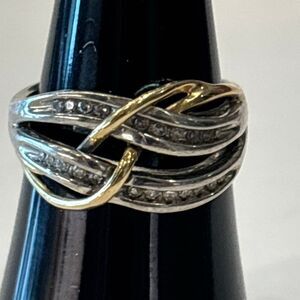 2 tone 14k yellow gold & 925 silver infinity twist knot ring w/diamonds Sz 7
